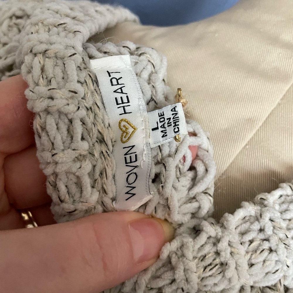 Woven Heart V-Neck Open Knit Sweater in Oatmeal - Picture 8 of 10